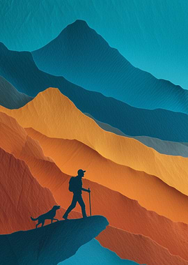 Hiker and Dog in Mountain Landscape