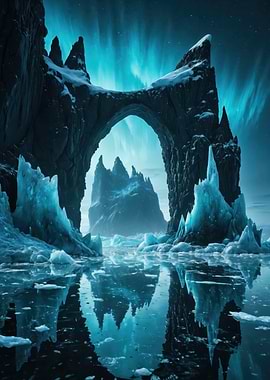 Frozen Archway Under Northern Lights — Icy Fantasy Landscape