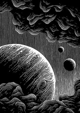 Monochrome Space Landscape with Planets