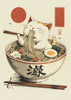 Cat Eating Ramen Bowl Illustration