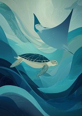 Sea Turtle and Ray