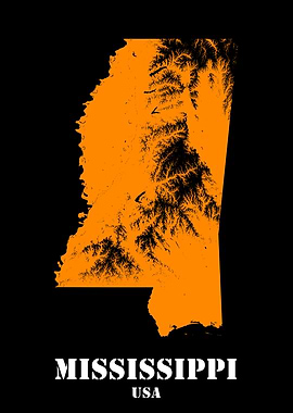 Mississippi USA State Minimalist Black Orange Topographic Contour Relief Map featuring terrain in orange color