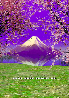 Rest Here Traveler Mount Fuji with Cherry Blossoms in 90s Video Game Graphics
