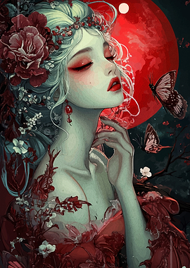 Red Moon Woman with Butterflies
