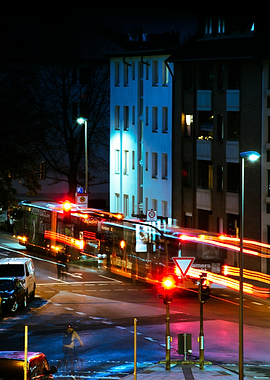 Night Cityscape with Bus Light Trails