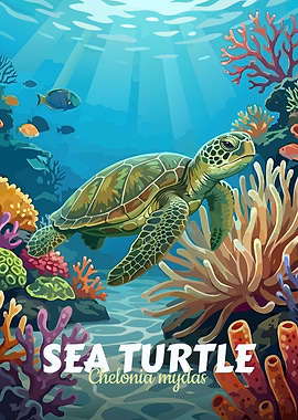 Sea Turtle Underwater Coral Reef Illustration