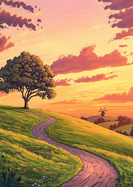 Sunset Landscape with Tree and Path