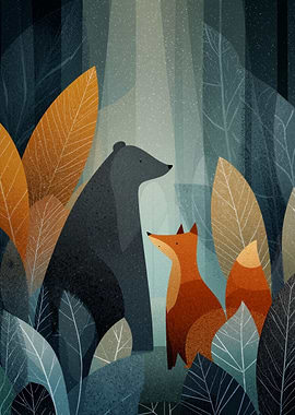 Bear and Fox in Forest