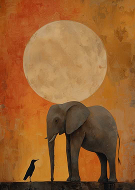 Elephant and Crow Under the Moon