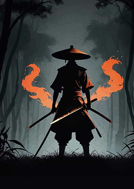 Silhouette Samurai with Flaming Swords