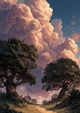 Dreamy Landscape with Trees and Clouds