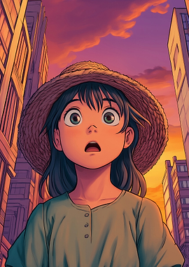 Anime Girl in Cityscape at Sunset