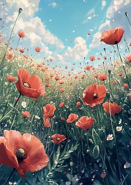 Poppy Field Under Blue Sky