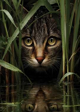 Cat in the reeds reflection