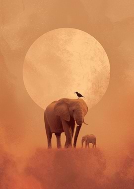 Elephant and Bird Silhouette
