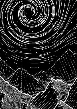 Monochrome Mountain Range with Swirling Sky
