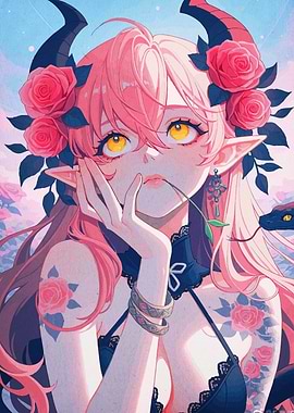 Anime Girl with Horns and Roses