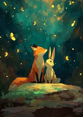 Fox and Rabbit in Forest