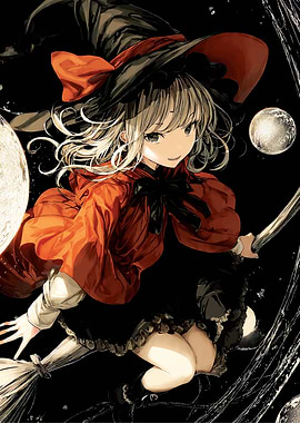 Anime Witch Flying on Broomstick