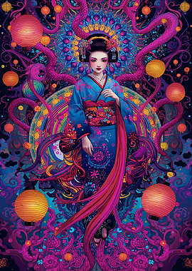 Geisha with Lanterns and Dragon
