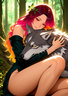Anime Girl Hugging Wolf in Forest