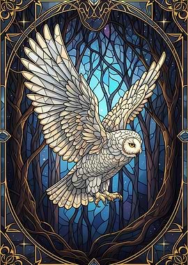 Stained Glass Snowy Owl in Flight