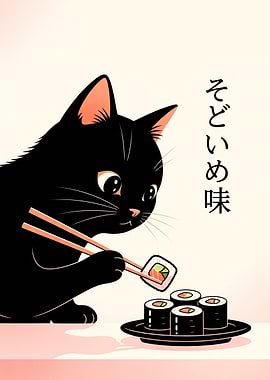 Adorable black cat enjoys eating delicious sushi with chopsticks, a fun and playful food illustration