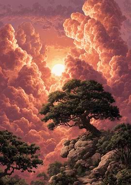 Tree on Rocks with Cloudy Sky