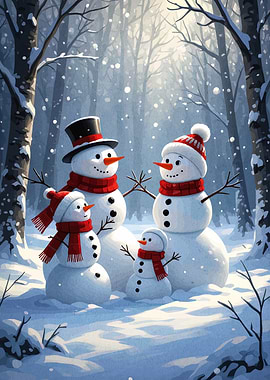 Snowman Family in Winter Forest
