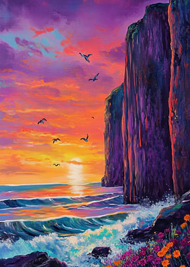 Coastal Cliffs at Sunset Painting