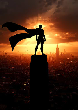 Superhero Silhouette Over Cityscape Sunset