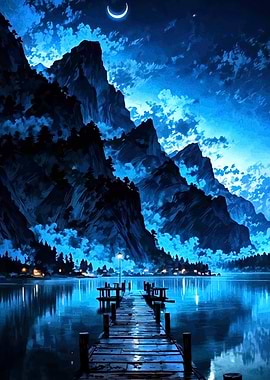 Blue Night Lake and Mountain Landscape