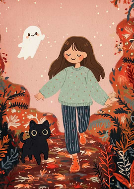 Autumn Walk with Ghost and Cat