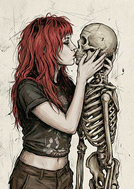 Girl kissing skeleton art
