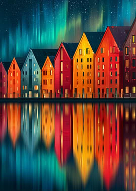 Colorful Buildings Reflected Under Aurora Borealis
