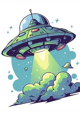 Cartoon UFO over Clouds