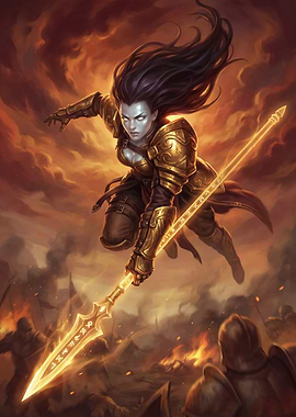 Female Warrior with Spear in Battle