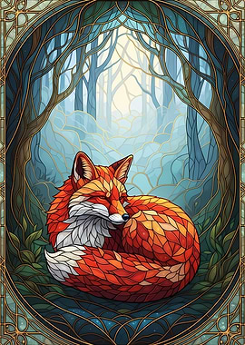 Fox in Forest Stained Glass Style