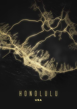 Honolulu, USA - Coastal Night City Map Poster, Illuminated Island Street Wall Art