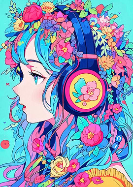 Floral Headphones Anime Girl Portrait