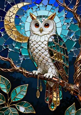 Mosaic Owl Perched Under Crescent Moon
