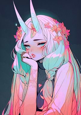 Anime Girl with Horns and Flowers