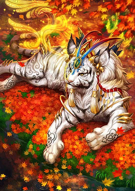 Ornate White Tiger in Autumn Leaves