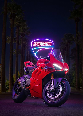 Red V4S Motorcycle with Neon Sign