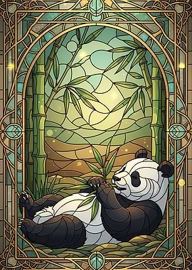 Panda in Bamboo Forest Stained Glass