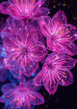 Glowing Pink Cherry Blossoms on Black