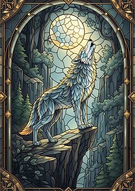 Stained Glass Wolf Howling at Moon