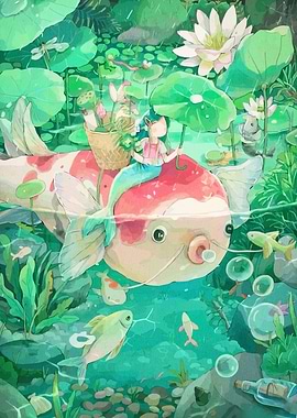 Mermaid Riding Koi Fish in Pond
