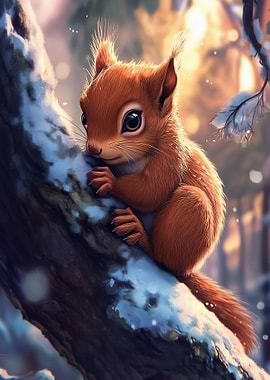 Cute Squirrel on Snowy Branch
