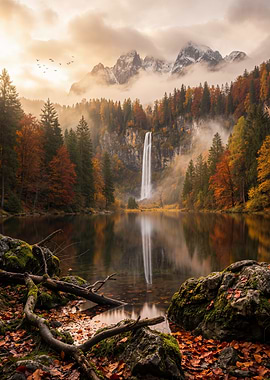 Autumn Waterfall Landscape Reflection